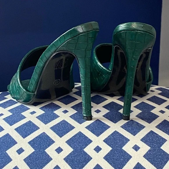 Dark green croc embossed print square toe high heel mule sandals sz 10 - Picture 6 of 7